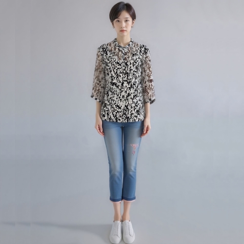 24년 봄 여름 중년 여성 물겸 나염 반 오픈 블라우스RNM8BL480F-CC