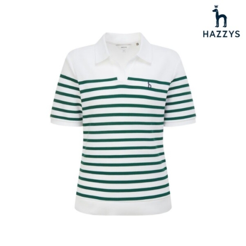 LF 헤지스레이디스 여성 HSTS6BC43 아이코닉 오픈카라 스트라이프 반팔 폴로 티셔츠