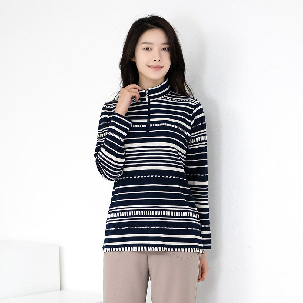 모슬린 엄마옷 60대 여성 하이넥카라 줄지 반오픈 티셔츠 515HJK595 중년여성/50대/70대/빅사이즈/할머니옷_이미지