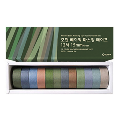 동아피엠에스 모던베이직 마스킹 테이프 그린버전 12색 세트 15mm x 3m