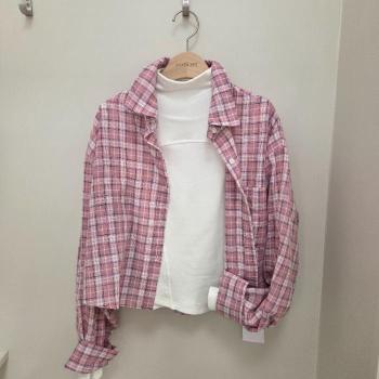 에잇컨셉 HC17 크롭 체크남방 핑크 크롭남방 체크셔츠 캐주얼 분홍체크 면남방 S45903797_이미지