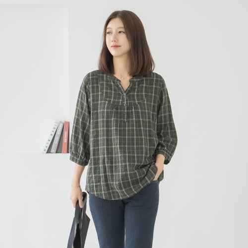 마담4060 엄마옷 차이나넥체크 데일리 중년여성 셔츠-RBL2508025_이미지