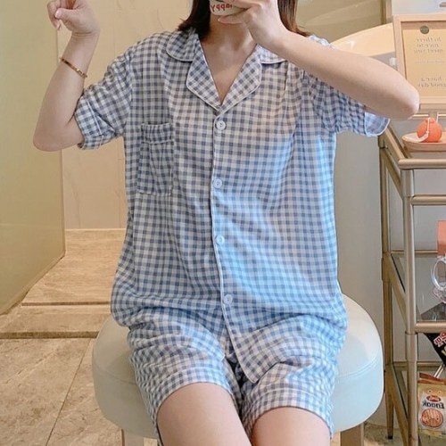 어나더뷰 어나더뷰 메리체크스카이 여성 반팔 파자마 상하세트 1003
