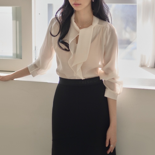 나무그림 더 더 여성 무드 프릴 타이 시스루 블라우스 NCP1BL001 프릴타이BL