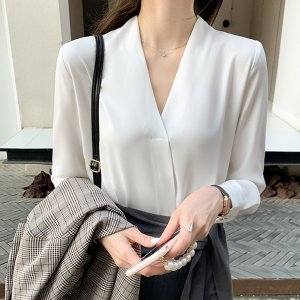 OHS-D5193 브이넥 출근룩 긴팔 화이트 블라우스 여성블라우스 긴팔블라우스 기본블라우스 정장블라우스 출