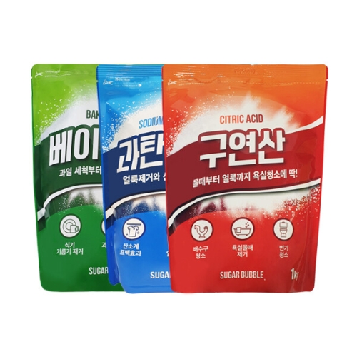 슈가버블 베이킹소다 2kg + 과탄산소다 1kg + 구연산 1kg이미지입니다. 누르면 해당 게시물로 새창이동합니다.