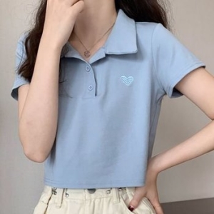 하트 자수디테일 폴로카라 캡소매 베스트 크롭핏반소매티 WFJTDV8