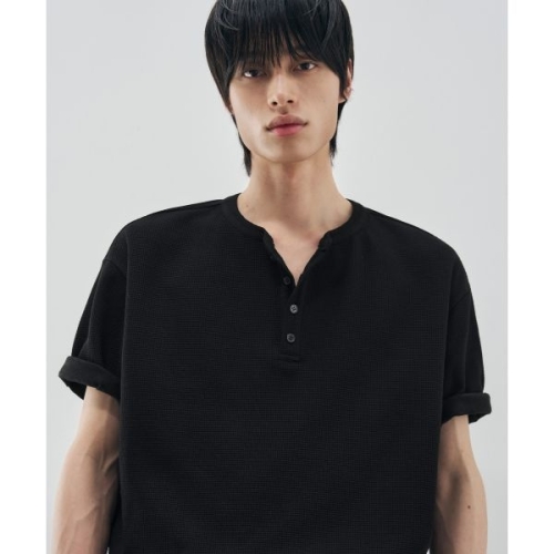 드로우핏 DRAW FIT 유튜버 PICK 와플 헨리넥 하프 티셔츠 BLACK DFTS5211BK 2366519