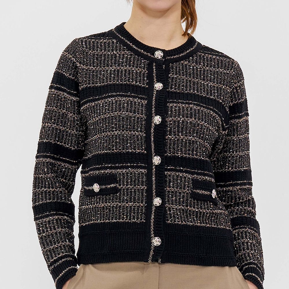 패션그룹형지 캐리스노트 메탈사 혼용 배색 라운드넥 변형 가디건 블랙 CN4SKG201BK