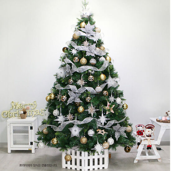 백산엘앤티 트리나라 최고급 유리볼 장식 전나무트리 리본장식 화이트골드 세트