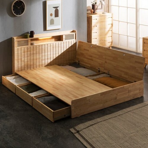 파로마 네오 바이텐 고무나무 원목 수납 LED침대 Q (20T라텍스독립)_이미지