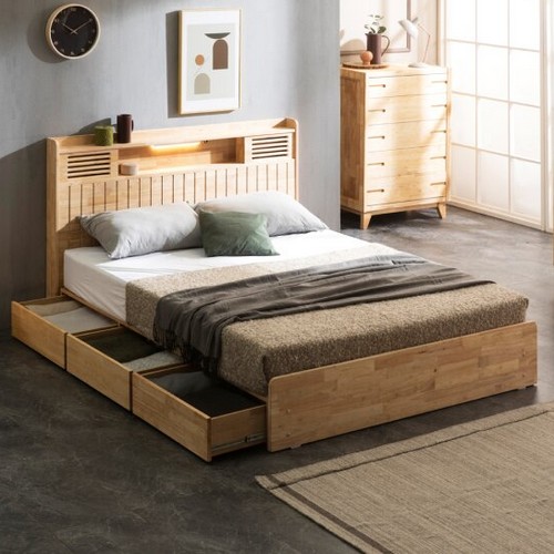 파로마 네오 바이텐 고무나무 원목 수납 LED침대 Q (20T라텍스독립)_이미지