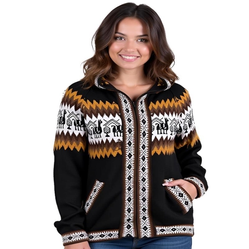 아페쎄 INTI A 알파카 여성용 후드 풀 집업 블루 스웨터 안데스 디자인의 울 가디건 블랙. 라지 283023_이미지