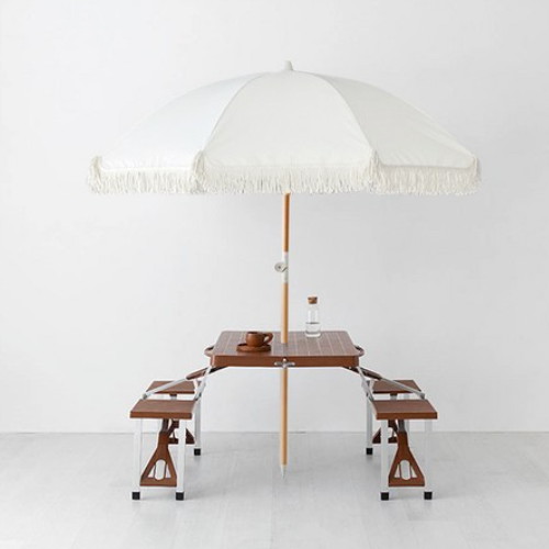 마켓비 로밀 테슬 파라솔 베이지 + 캠폴 야외 의자일체형 접이식 테이블 4인세트 브라운