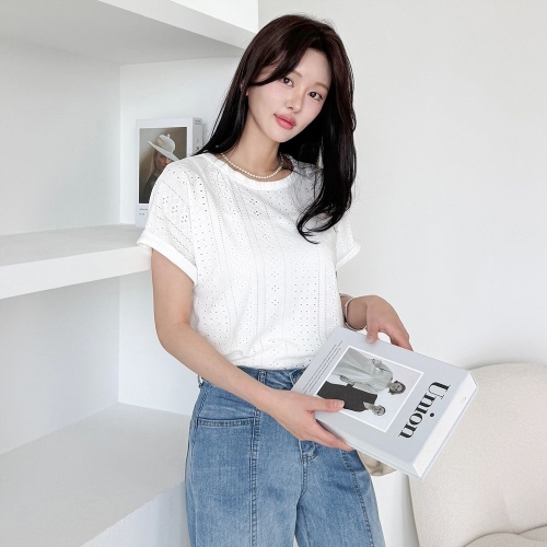 모리스커밍홈 롤업소매 펀칭 티셔츠_M2506TS030B_이미지