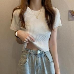 셀러허브 봄 가을 여세련성 데일리 라운드넥 골지 크롭 반팔 니트 S32195388