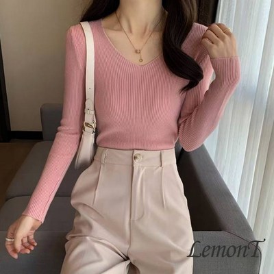 레몬티 베이직 브이넥 골지 긴팔 니트티 핑크 lkf23117_free_이미지