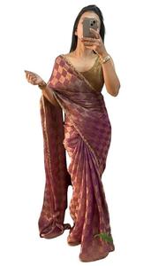 펜디 BE4ME.COM Trending Gold 투톤 실크 사리, 디자이너 테두리 포함 바이럴 인스타 틱톡 파티 웨어 사리, 박.._이미지