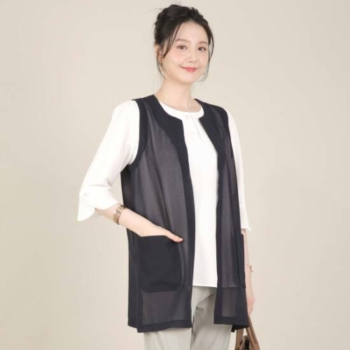 애비뉴투지 엄마옷 단정하게 쉬폰 시스루 여름 버클 주머니 하프 조끼 V08502