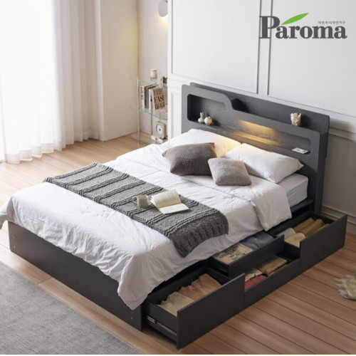 에단 LED 4서랍 평상형 수납 침대 Q/K