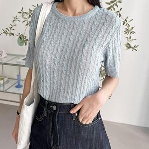 리빌모아 여자 꽈배기 라운드 원사 반팔 니트 DJW KNH S2LPPT1041 소라