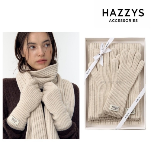 헤지스 ACC 연말선물 베이지 라인배색 머플러 장갑 세트 여성 J851+I701_이미지