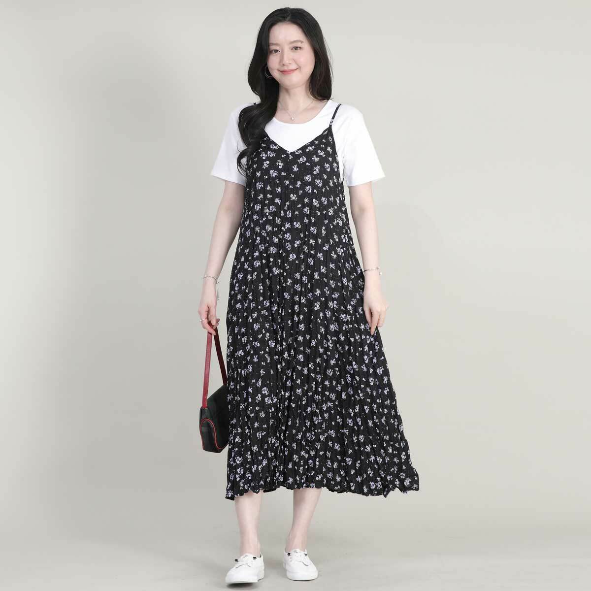엄마옷 잔꽃 플라워 뷔스티에 여성 여름 플리츠 주름 조끼 레이어드 끈 나시 롱 원피스 K05644