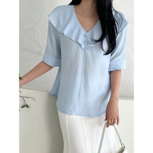 샵앤 국산 여성 V넥 프릴카라 시원한 5부 여름 정장 블라우스 REI-WBL-4654-크림