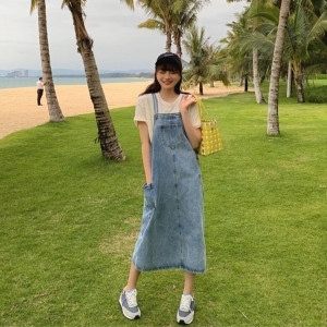 오엠티 여성 데님 멜빵 원피스 롱청치마_OFDJLD5