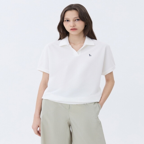 LF 헤지스레이디스 여성 화이트 로고 자수 반소매 카라 티셔츠 WSTS5B305WT