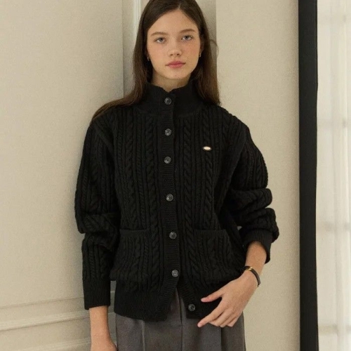 Caroline Wool High-Neck Button Cardigan Black H25WT-KN01-BLA