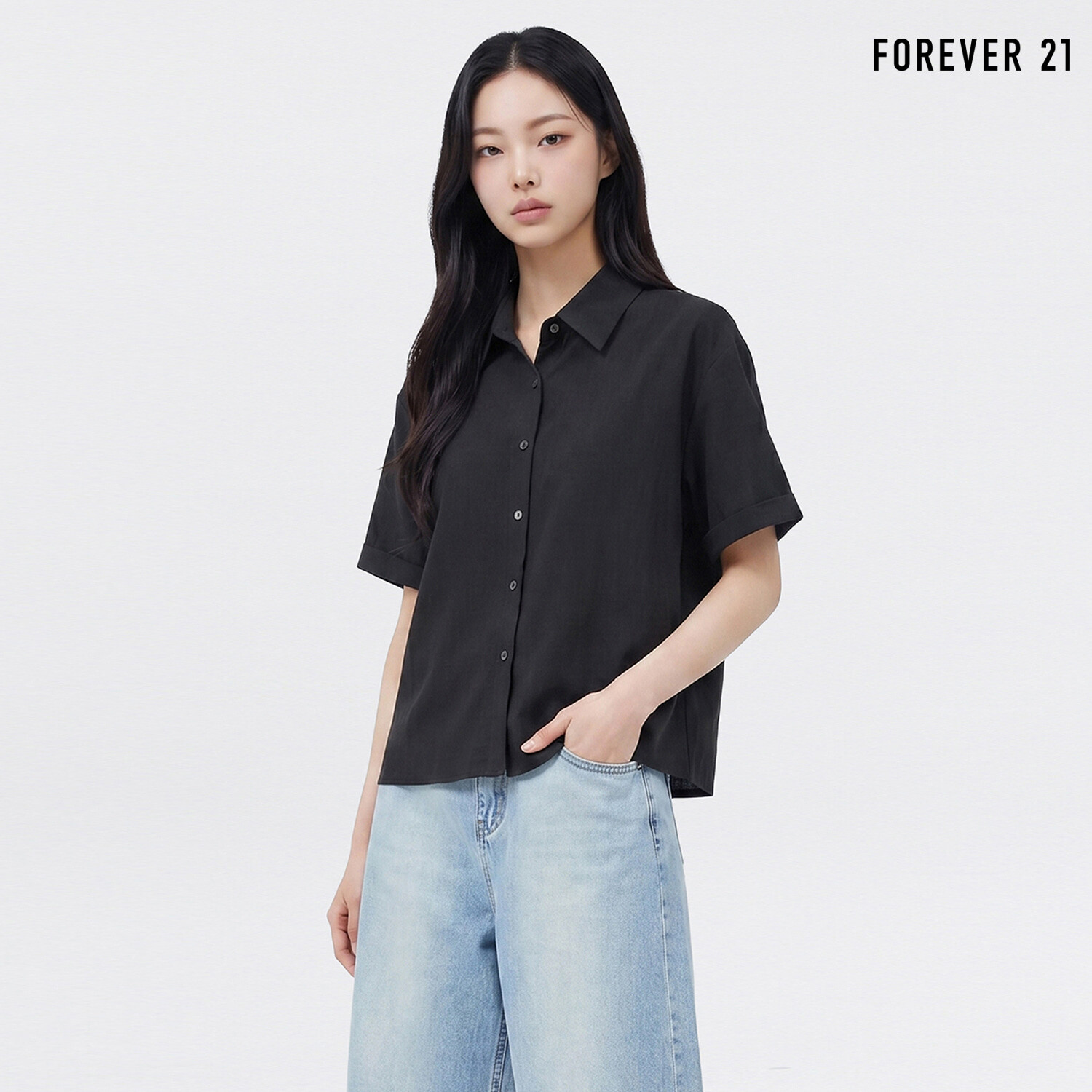  FOREVER21 소매 롤업 무지 반팔 셔츠 FTDBBL031