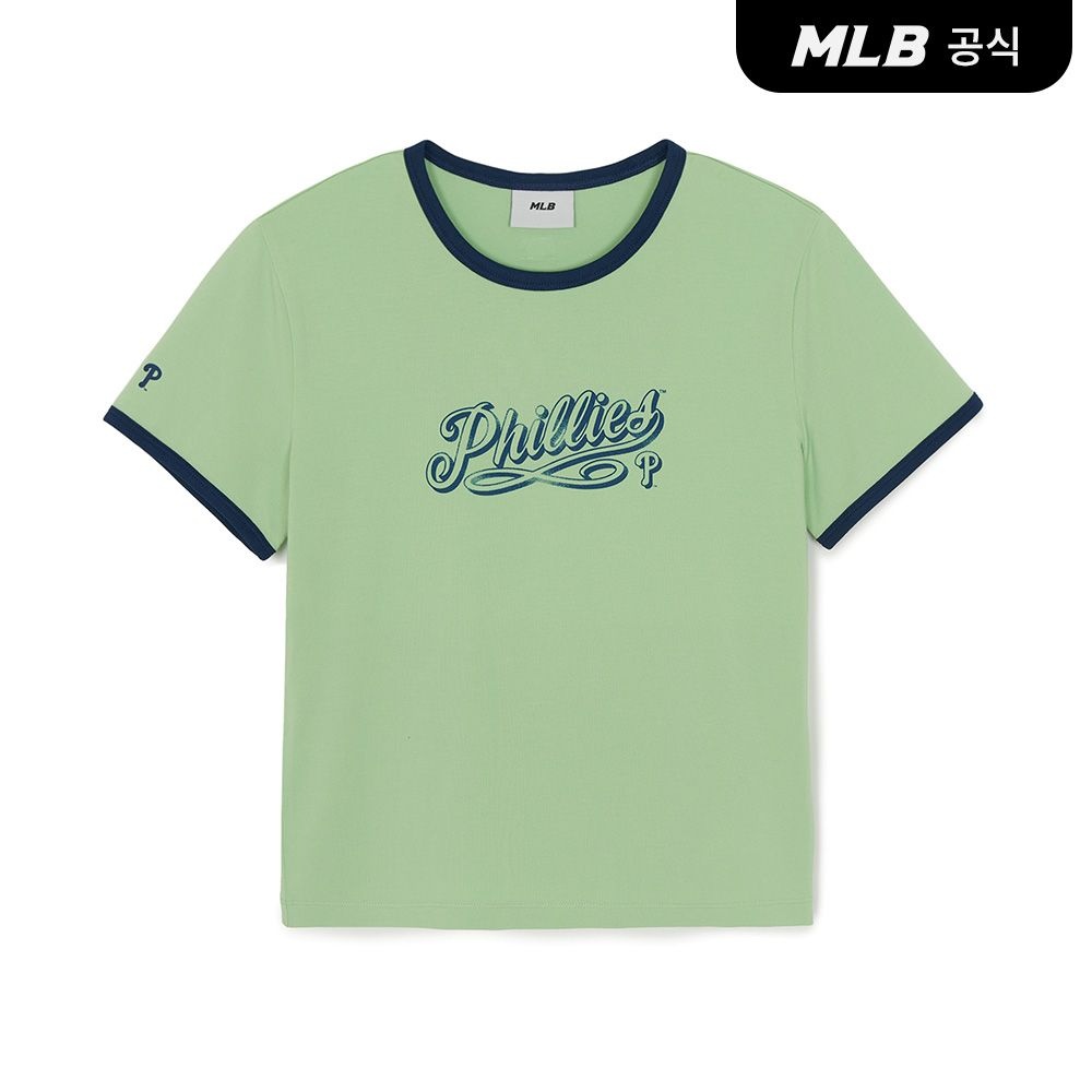 MLB 여성 레터링 슬림 세미크롭 링거 티셔츠 PHI Ptn.Green 3FTSV5063-10GNP_이미지