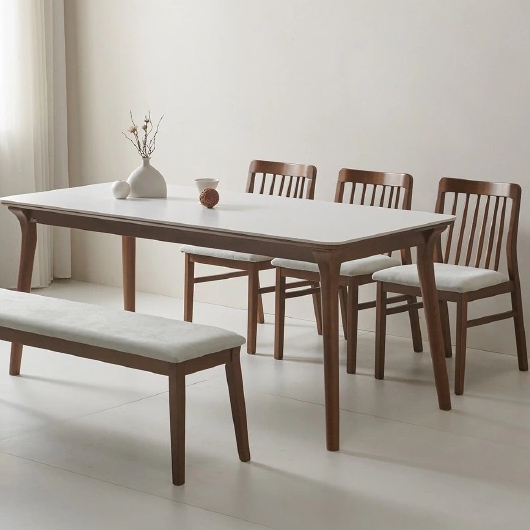 더끌림퍼니처 루나 포세린 세라믹 원목 식탁 1800 (의자3개+벤치1개)_이미지