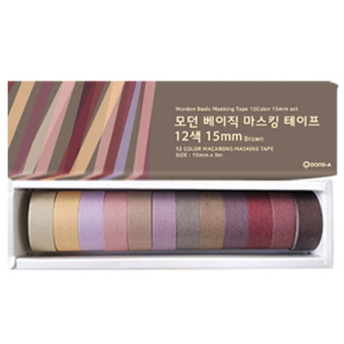 동아피엠에스 모던베이직 마스킹 테이프 브라운버전 12색 세트 15mm x 3m
