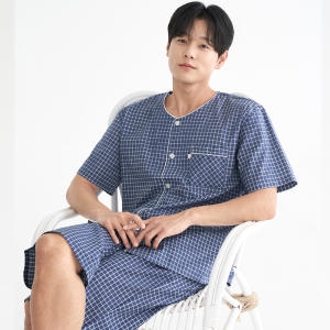 페인체크 여름 남성 반팔 순면 잠옷 파자마 홈웨어 세트_이미지