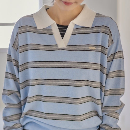 나무그림 더 더 여성 배색 스트라이프 브이넥 카라 루즈핏 니트 NCP1KT001 머랭카라KT_이미지