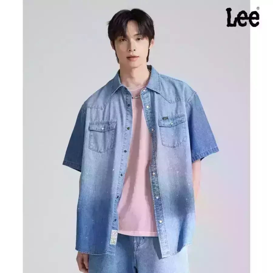 LEE 페인팅 웨스턴 데님 반팔 셔츠 인디고 미듐 LE2602SS11IM_이미지