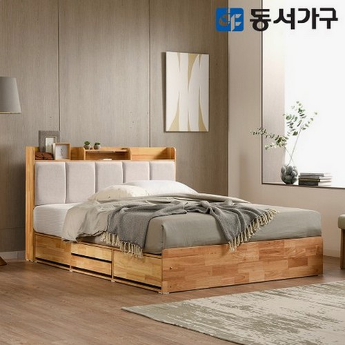동서가구 비엘 패브릭 쿠션헤드 LED 원목 수납 침대 Q