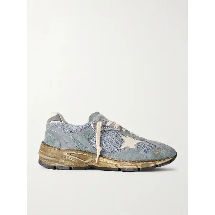 골든구스 Blue Running Dad Distressed Rubber and Leather Trimmed Mesh and Sued..