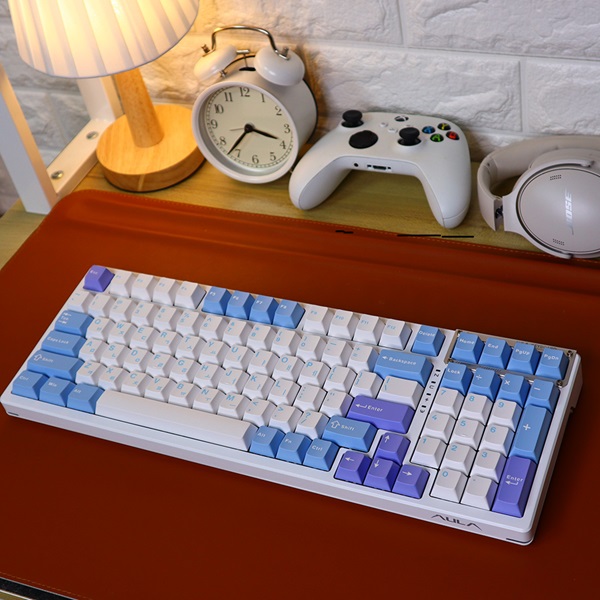 AULA F98 PBT RGB 풀윤활 유무선 기계식 블루 화이트 퍼플 한글 (회목축)_이미지