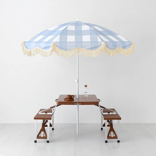 마켓비 로밀 테슬 파라솔 스카이블루패턴A + 캠폴 야외 의자일체형 접이식 테이블 4인세트 브라운