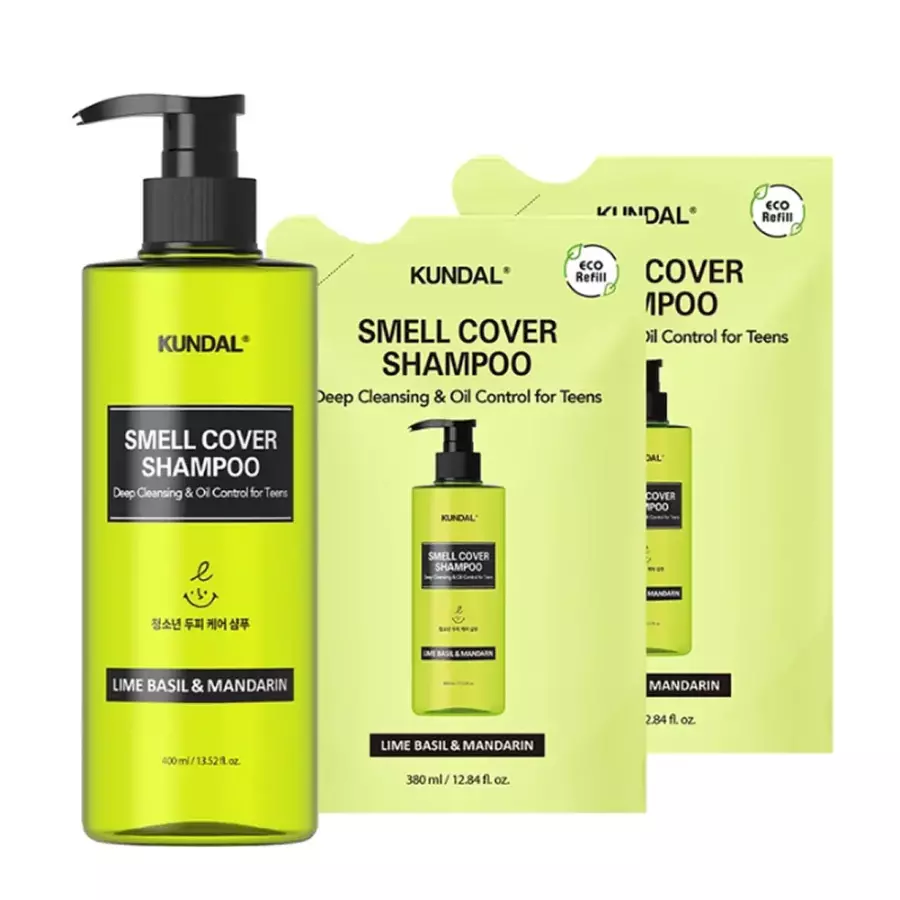 쿤달 올데이 스멜커버 청소년 샴푸 라임바질만다린 400ml+리필 380ml 2개 (본품1개+리필2개)_이미지