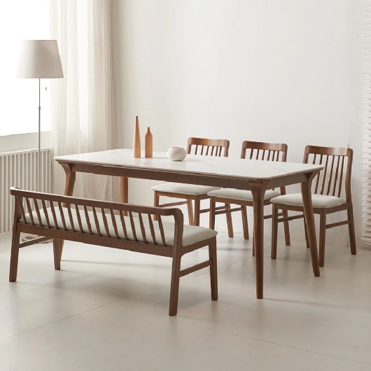 더끌림퍼니처 루나 포세린 세라믹 원목 식탁 1800 (의자3개+등받이벤치1개)_이미지