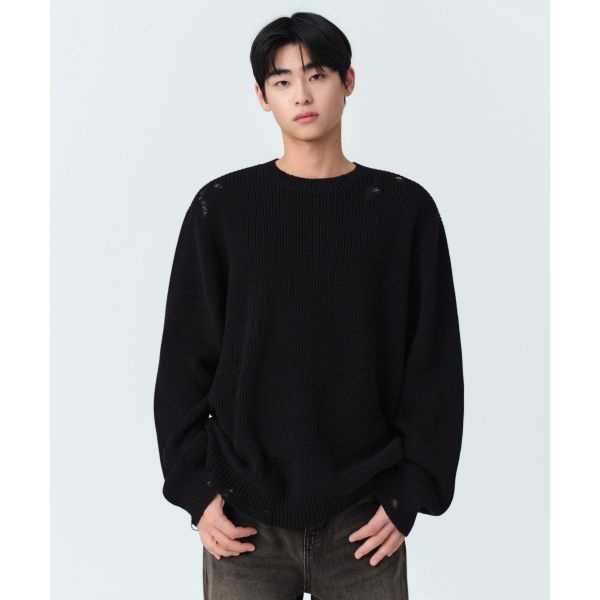 무신사 스탠다드 디스트로이드 리브드 니트 블랙 MMFWL2C07-BK_이미지