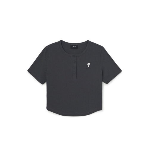 MLB 여성 빈티지 슬림 골지 헨리넥 반팔 티셔츠 3FTSB1063-10CGD_이미지