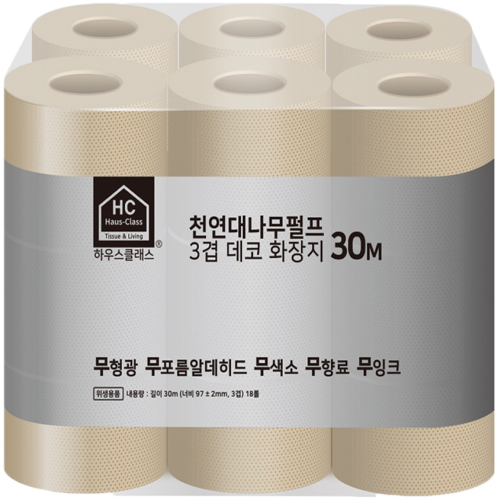 하우스클래스 천연 대나무 펄프 3겹 데코 화장지 30m (18롤) (1팩)_이미지