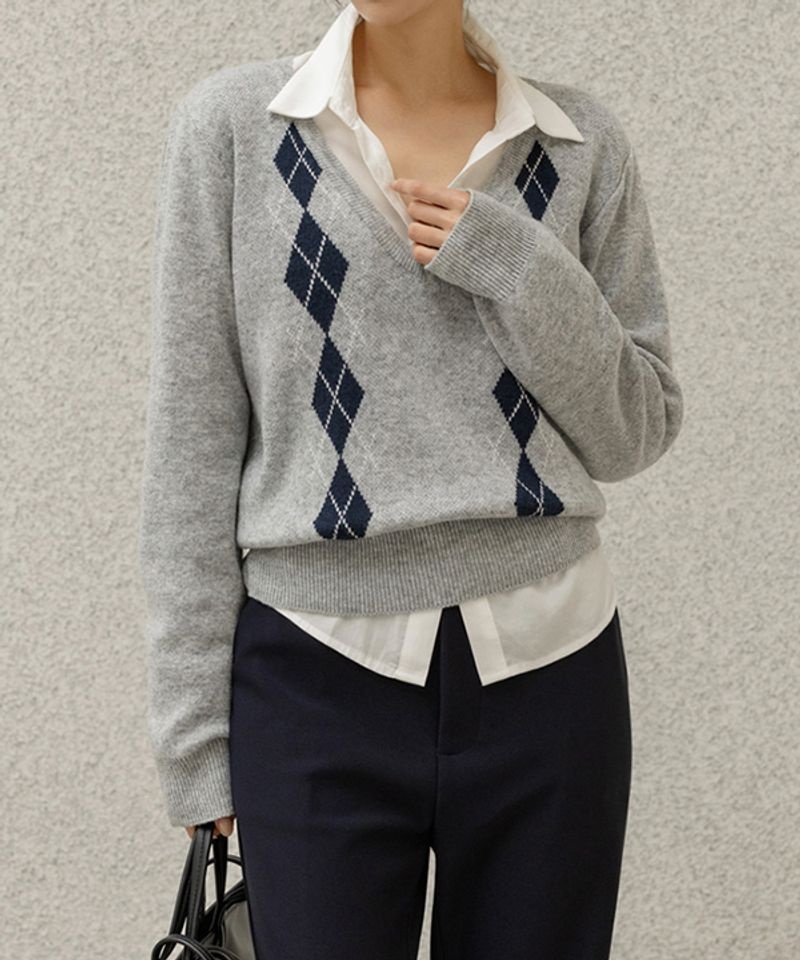 FRENCHCHIC 우아디 아가일 딥 V넥 니트_F6F686KN 12236771 268633