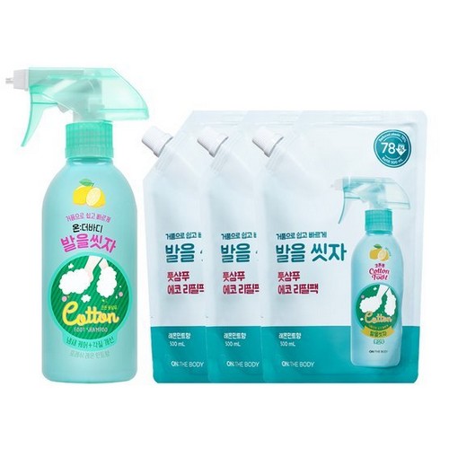 LG생활건강 온더바디 코튼풋 발을씻자 풋샴푸 레몬 385ml 1개 + 리필 500ml 3개 (1개)