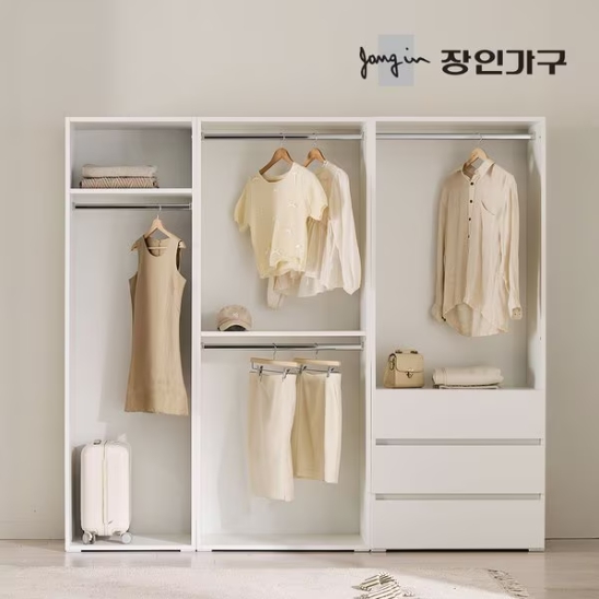 장인가구 클래드 드레스룸 600 1단 800 2단 800 3단서랍 행거 세트 2200_이미지